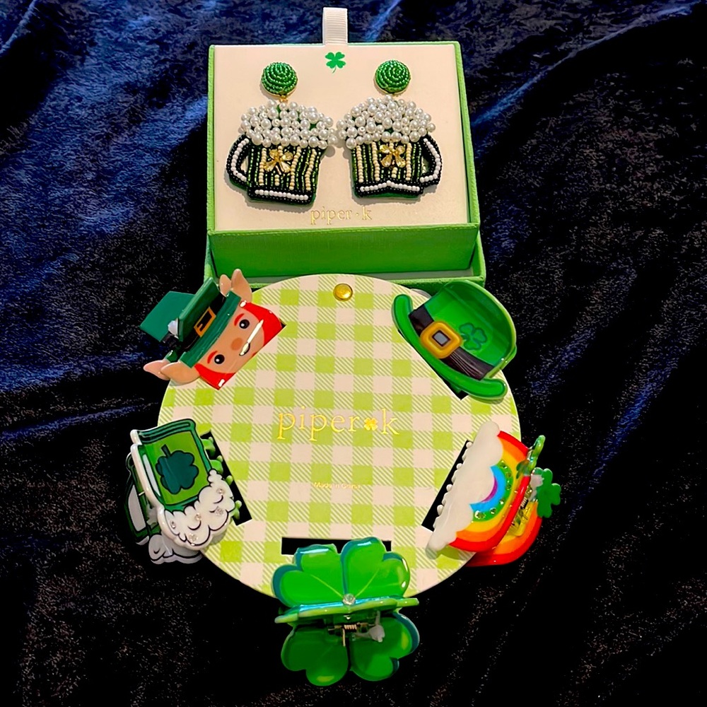 New Piper K St Patrick’s day beer earrings and 5 hair clips set shamrock Luck